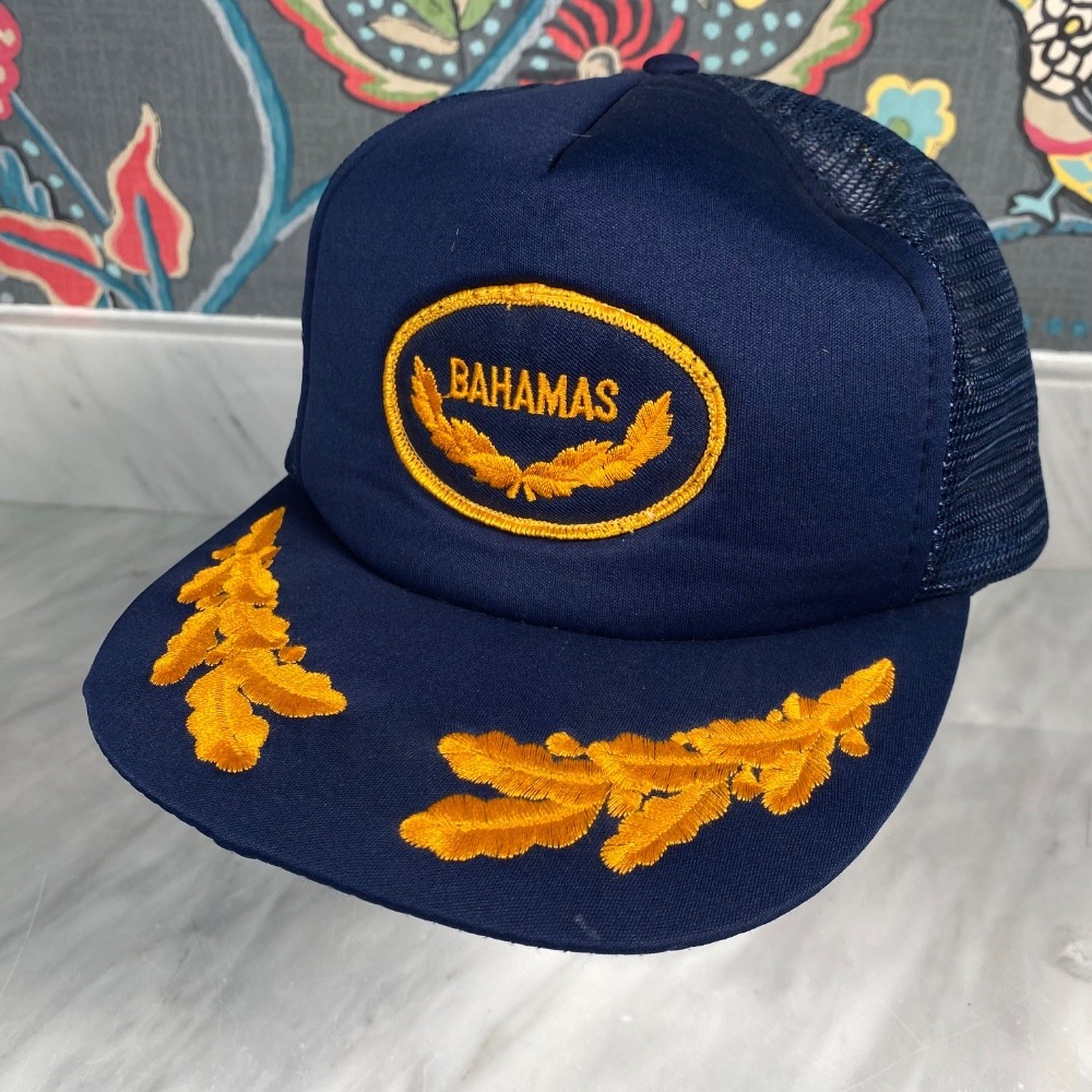 Bahamas Souvenir Trucker Hat Mesh Gold Leaf Snapback Travel Cap Navy Foam VTG‎